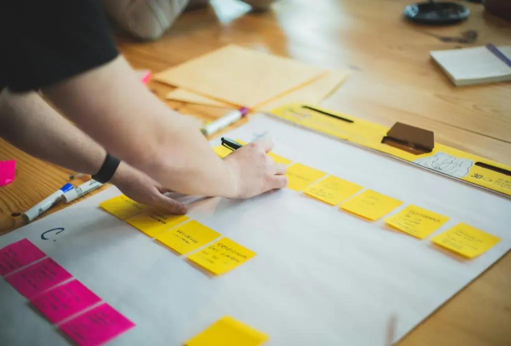 person placing post it notes on board